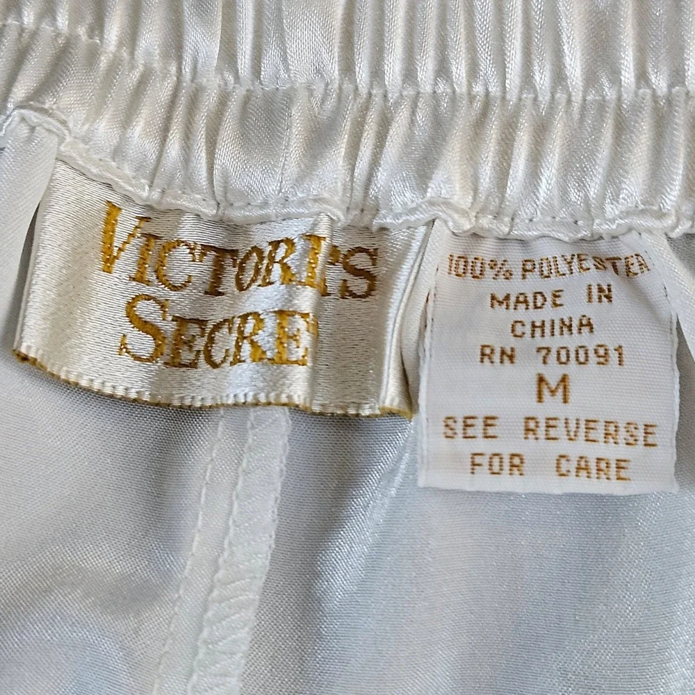 Vintage Victorias Secret Gold Label Pajama 2 Pc Set Ivory Satin Floral Stripe M - Picture 10 of 14